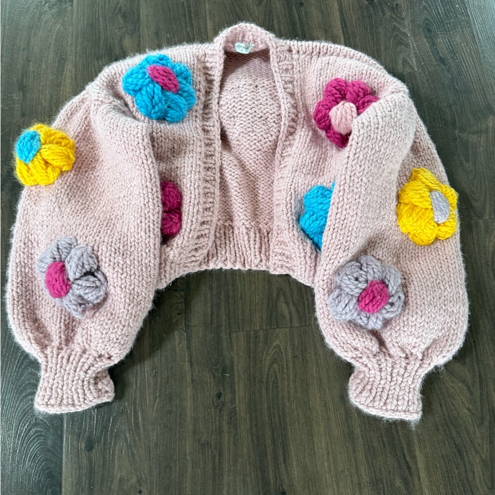 Myra Bag Cozy Pink and Blue Cardigan with Puffy Sleeves